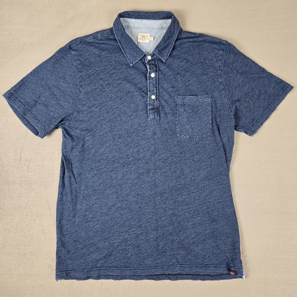 Faherty Pocket Polo Shirt Mens XL Blue Indigo Dyed Short Sleeve Summer Beach‎